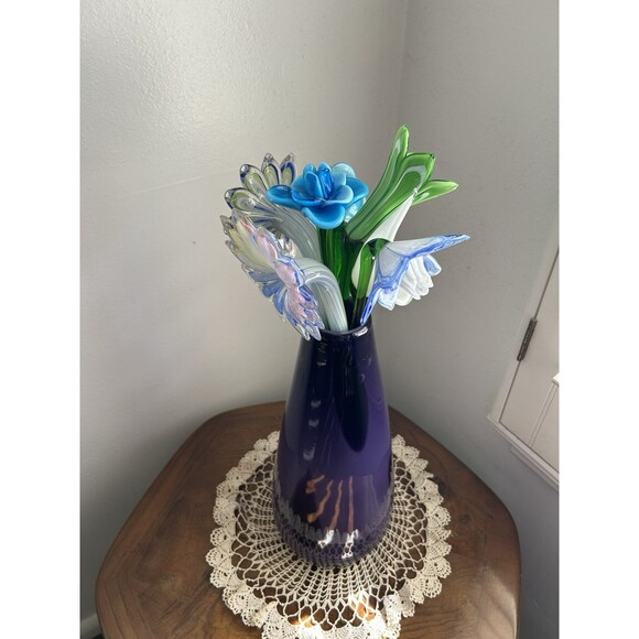 Bouquet Of Murano Hand Blown Long Stem Glass Flowers In A Purple Glass Vase - Picture 3 of 11